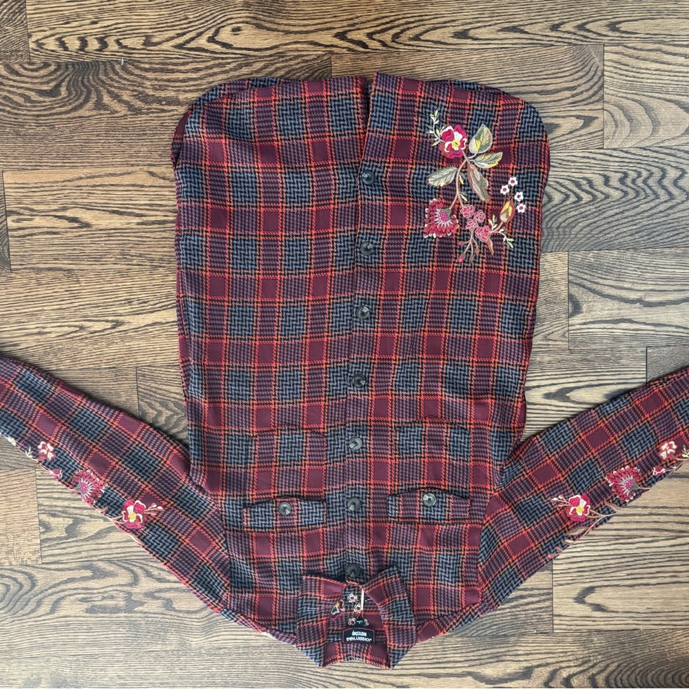 Johnny Was Red Plaid Embroidered Shirt